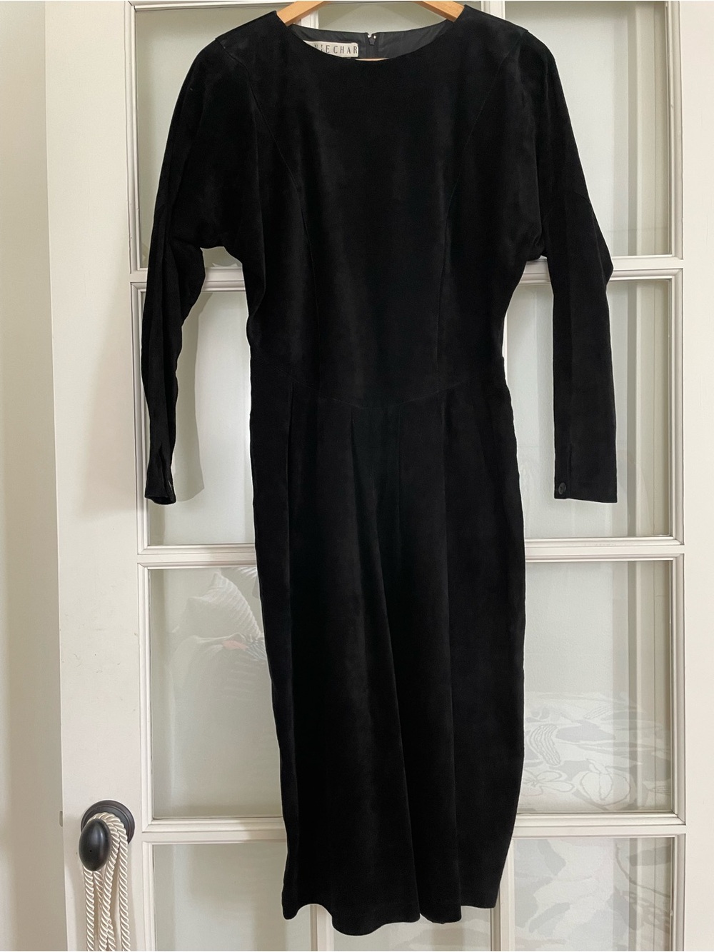 Joanie Char Geniune Suede Leather Dress 80s Vintage Black Long Sleeve Size 8